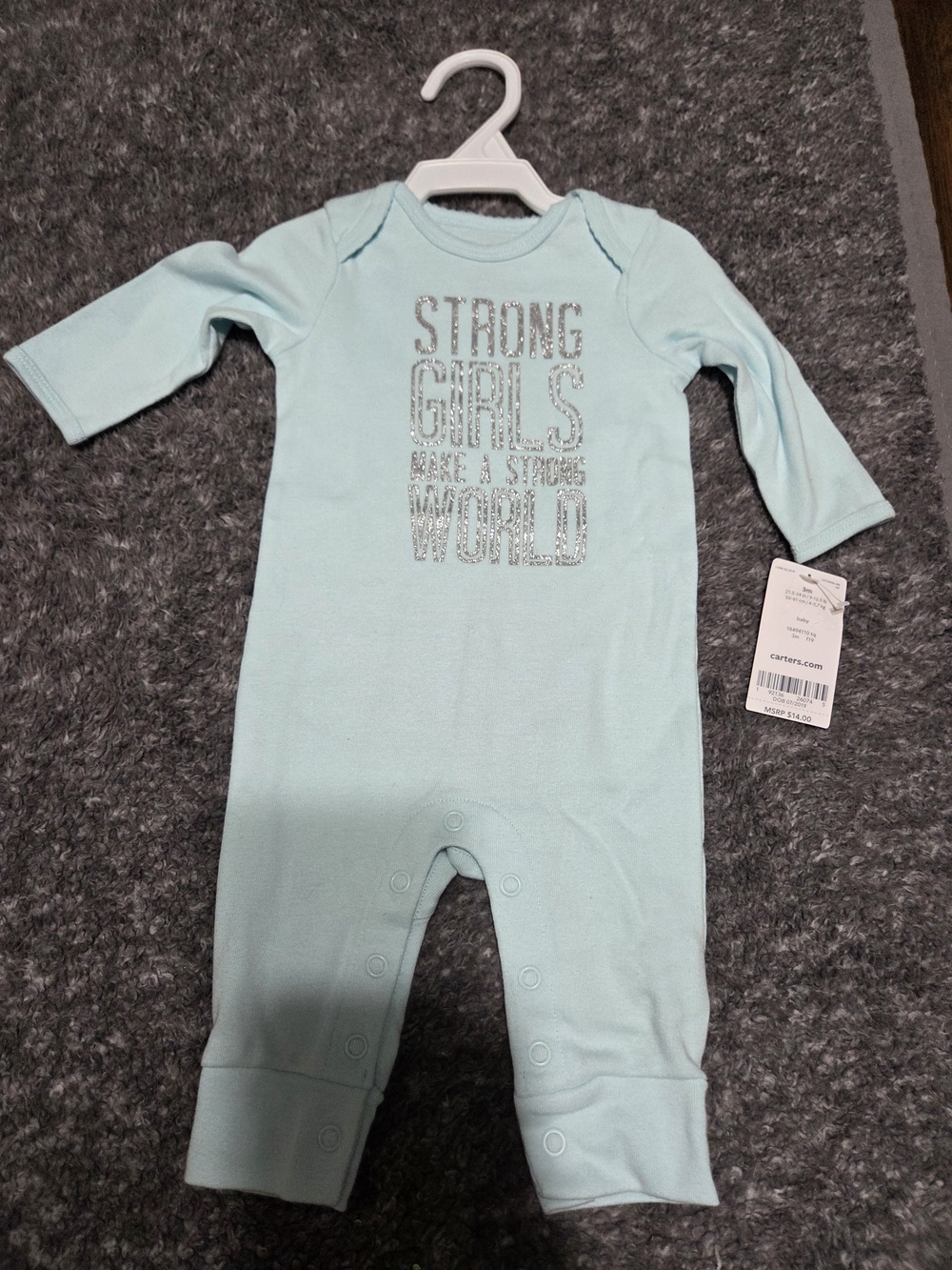 Carter's Light Aqua Long-Sleeve One-Piece with Silver Glitter Text